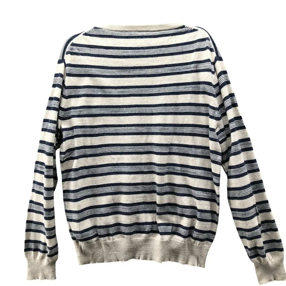 J. Crew Rugged Cotton‎ Striped Crewneck Sweater Mens L Beige Navy Textured